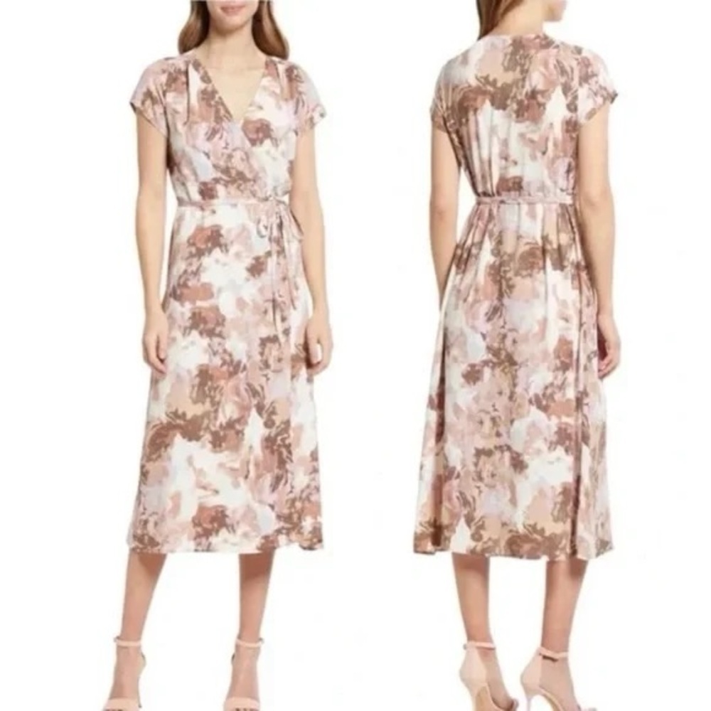 HALOGEN Brown and white watercolor print wrap dress size M.